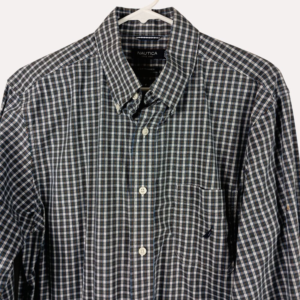 Nautica Plaid Shirt A Bit Trimmer Mens L Blue Button Down Preppy Coastal Classic